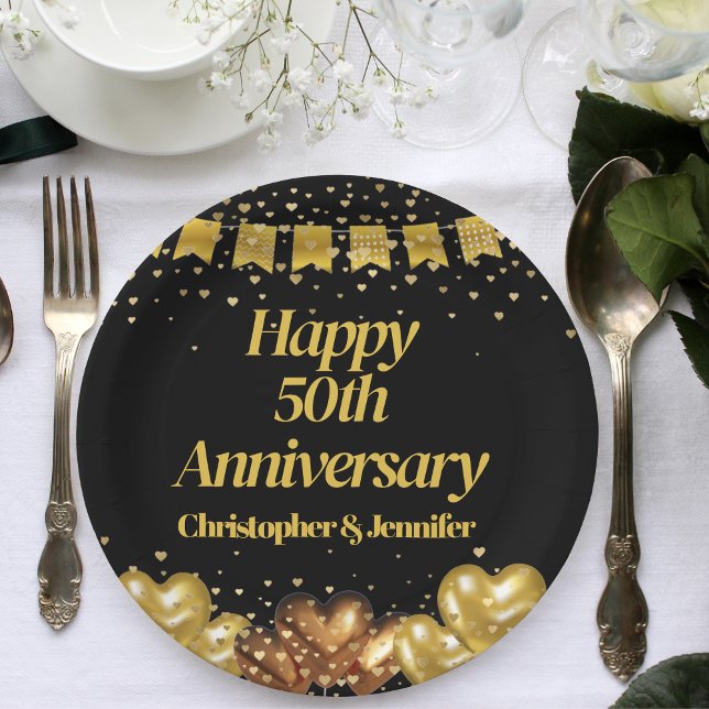 50th wedding Anniversary Happy Black and Gold  Paper Plates (Creator Uploaded)