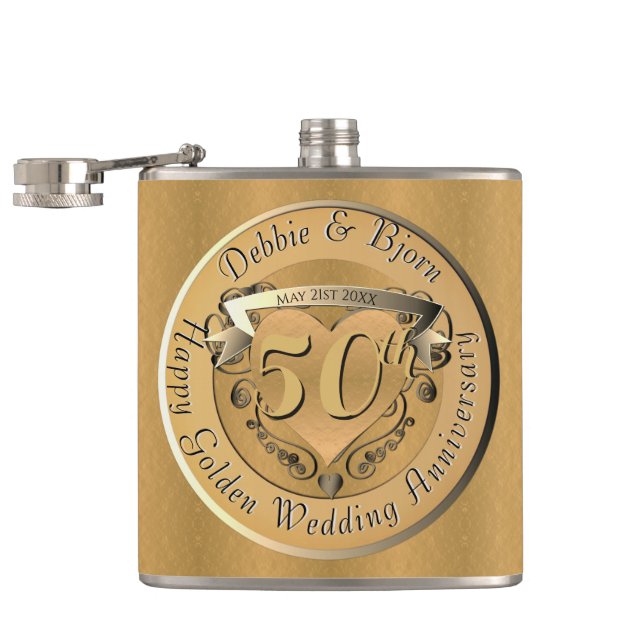50th Wedding Anniversary Heart Emblem Golden Flask (Opened)