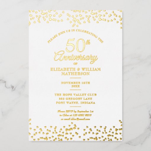 50th Wedding Anniversary Hearts Confetti Gold Foil Invitation | Zazzle