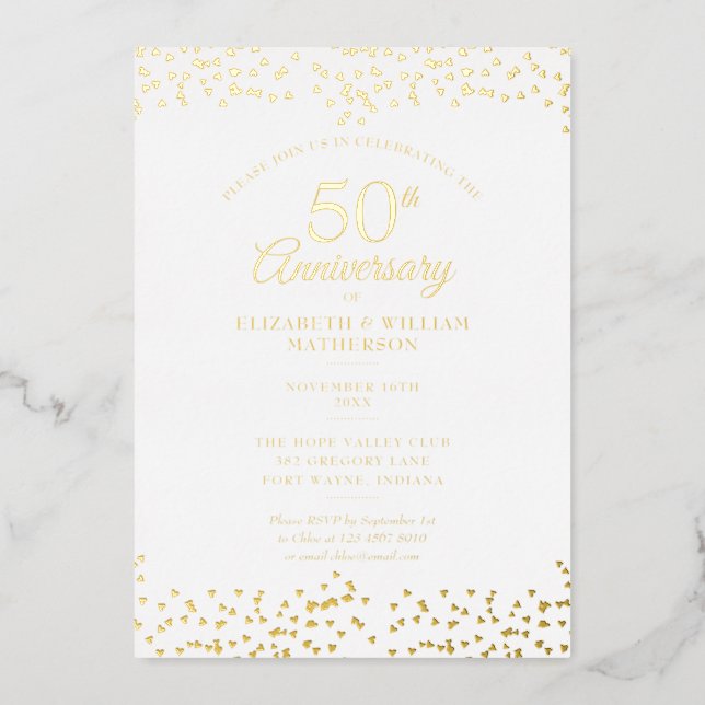 50th Wedding Anniversary Hearts Confetti Gold Foil Invitation (Front)
