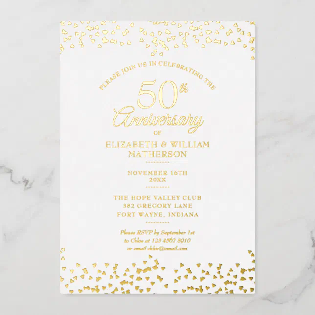 50th Wedding Anniversary Hearts Confetti Gold Foil Invitation | Zazzle