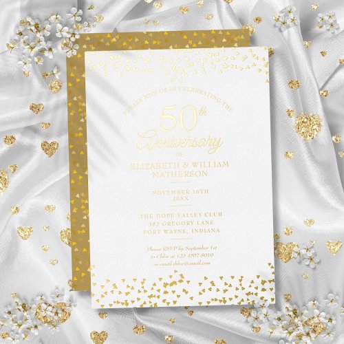 50th Wedding Anniversary Hearts Confetti Gold Foil Invitation