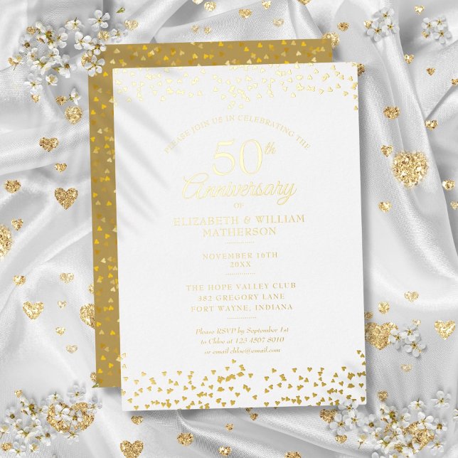 50th Wedding Anniversary Hearts Confetti Gold Foil Invitation (50th Wedding Anniversary Hearts Confetti Gold Foil Invitation)