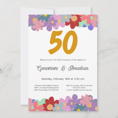 50th wedding anniversary hippie floral groovy  invitation