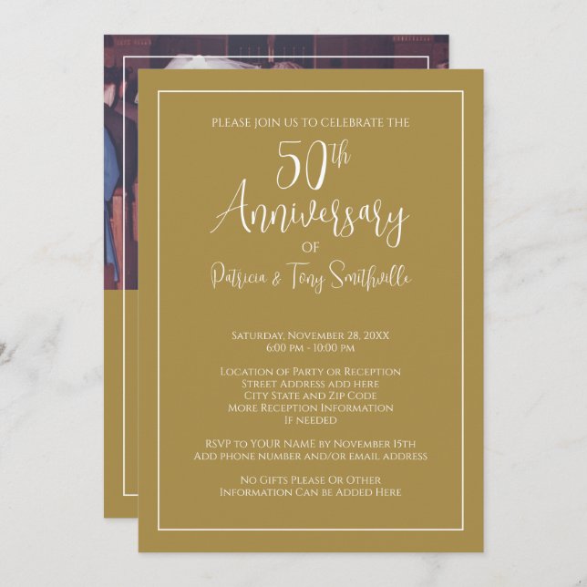 50th Wedding Anniversary - Horizontal Photo - gold Invitation (Front/Back)