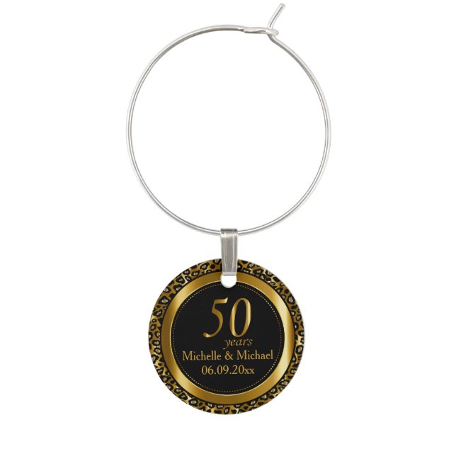 50th Wedding Anniversary in a Gold Leopard Pattern Wine Charm (Front)