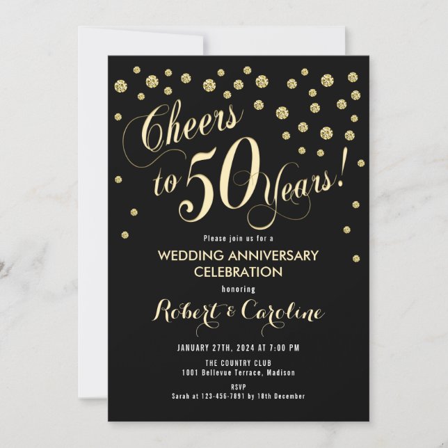 50th Wedding Anniversary Invitation - Black & Gold (Front)