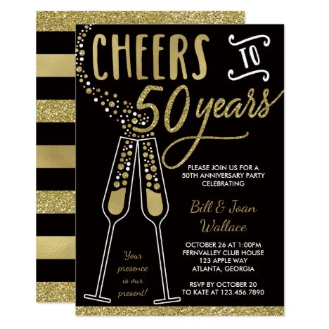 50th Wedding Anniversary Invitation, Faux Glitter Card
