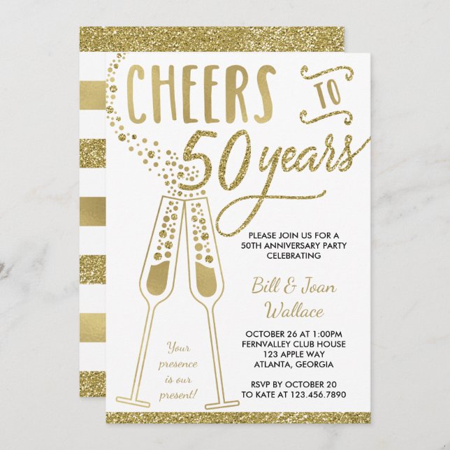 50th Wedding Anniversary Invitation, Faux Glitter Invitation (Front/Back)