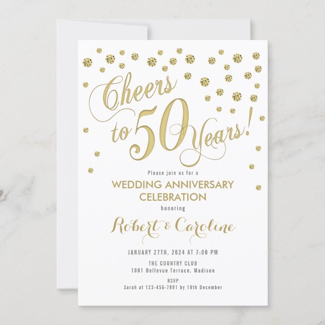50th Wedding Anniversary Invitation - Gold & White (Front)
