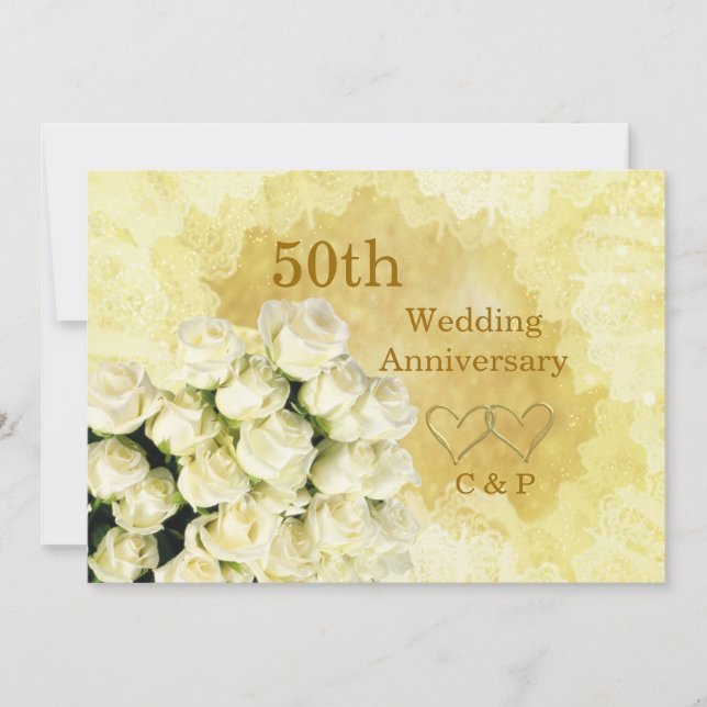 50th Wedding Anniversary Invitation with white ros (Front)