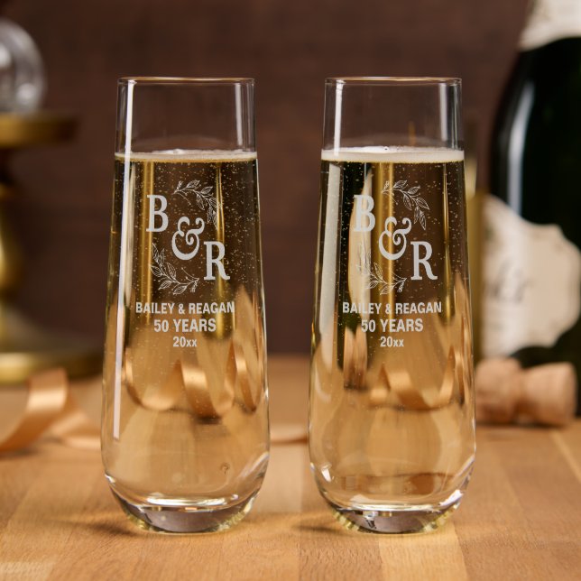 50th Wedding Anniversary Leaves Motif Monogram Stemless Champagne Flute (Party)