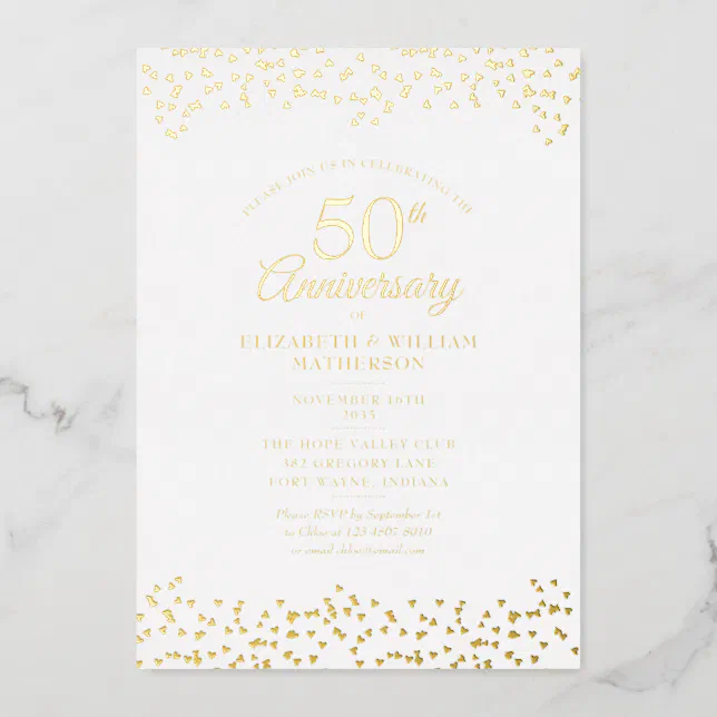 50th Wedding Anniversary Love Hearts Gold Foil Invitation | Zazzle