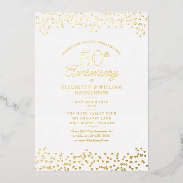 50th Wedding Anniversary Love Hearts Gold Foil Invitation (Front)