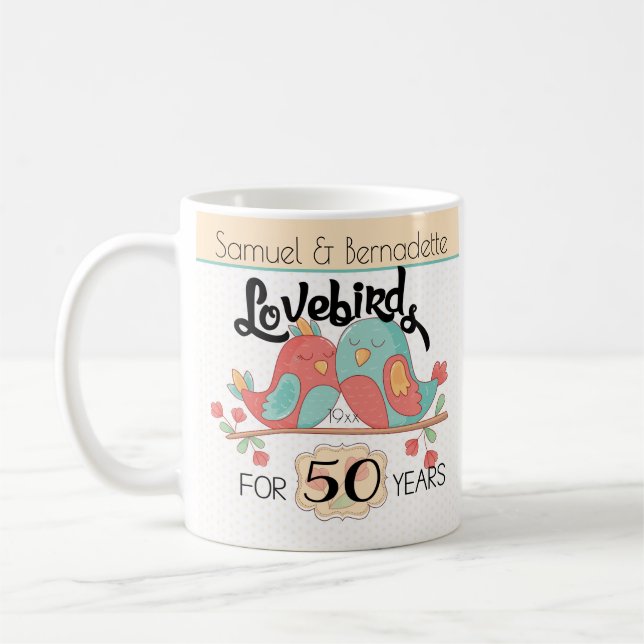 50th Wedding Anniversary Lovebirds Custom Coffee Mug (Left)