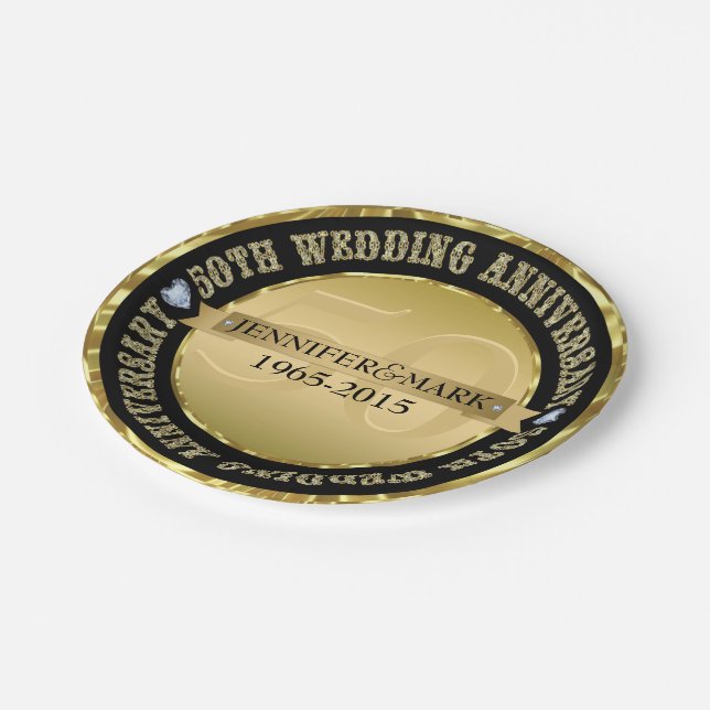 50Th Wedding Anniversary Metallic Gold And Black Paper Plates (Angled)