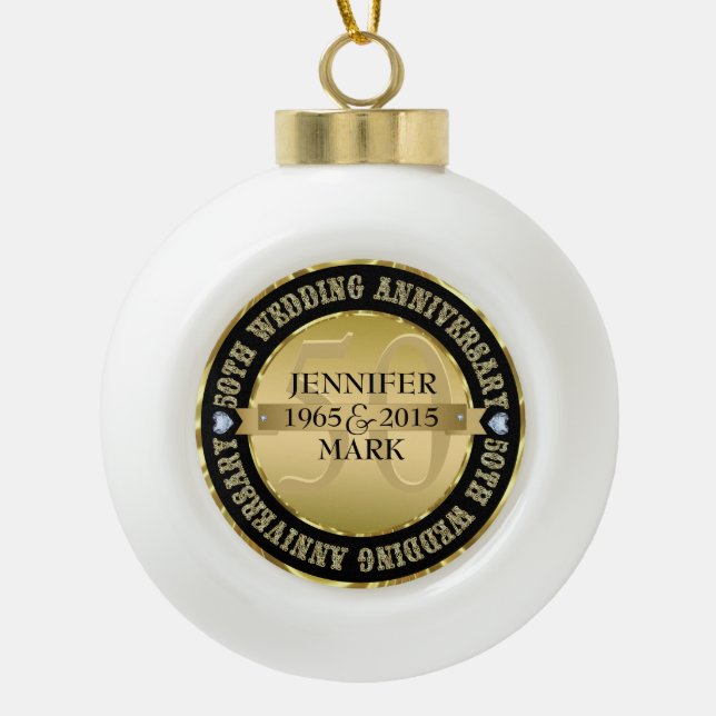 50Th Wedding Anniversary Metallic Gold & Black 2 Ceramic Ball Christmas Ornament (Front)