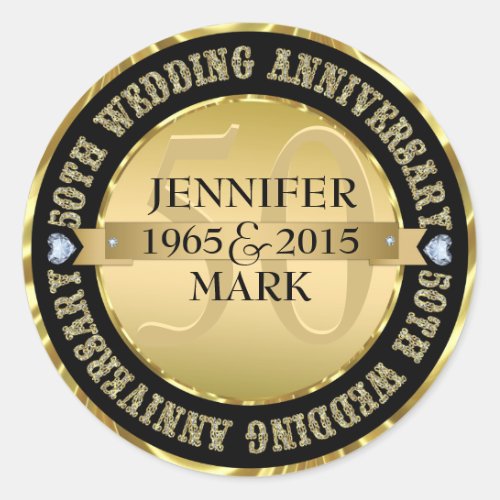 50Th Wedding Anniversary Metallic Gold  Black 2 Classic Round Sticker