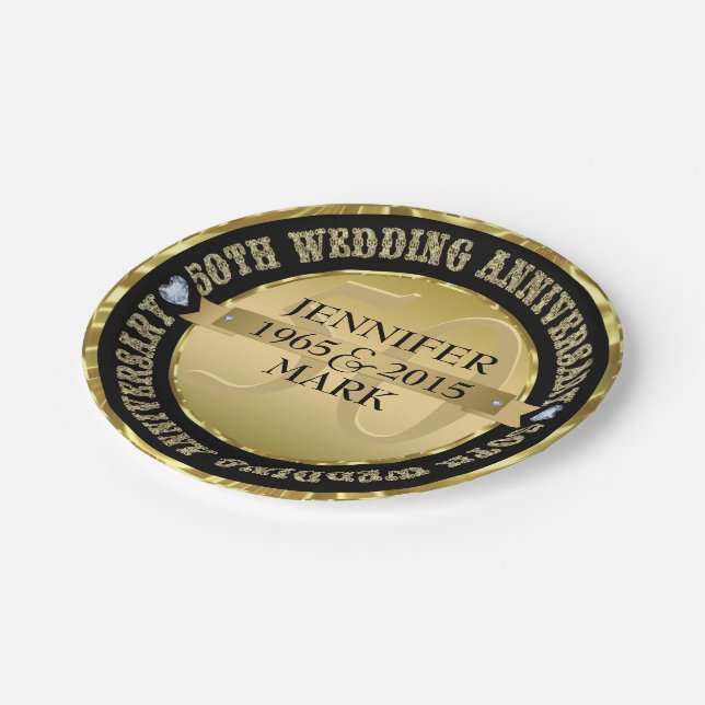 50Th Wedding Anniversary Metallic Gold & Black 2 Paper Plates (Angled)