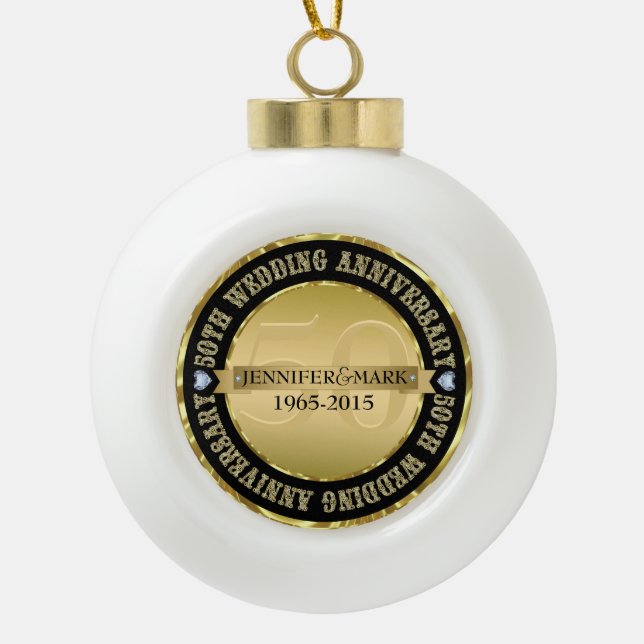 50Th Wedding Anniversary Metallic Gold & Black Ceramic Ball Christmas Ornament (Front)
