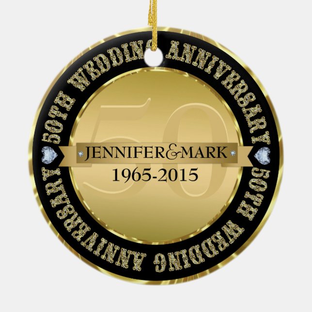 50Th Wedding Anniversary Metallic Gold & Black Ceramic Ornament (Back)