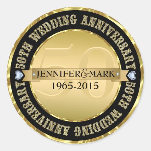 50Th Wedding Anniversary Metallic Gold  Black Classic Round Sticker