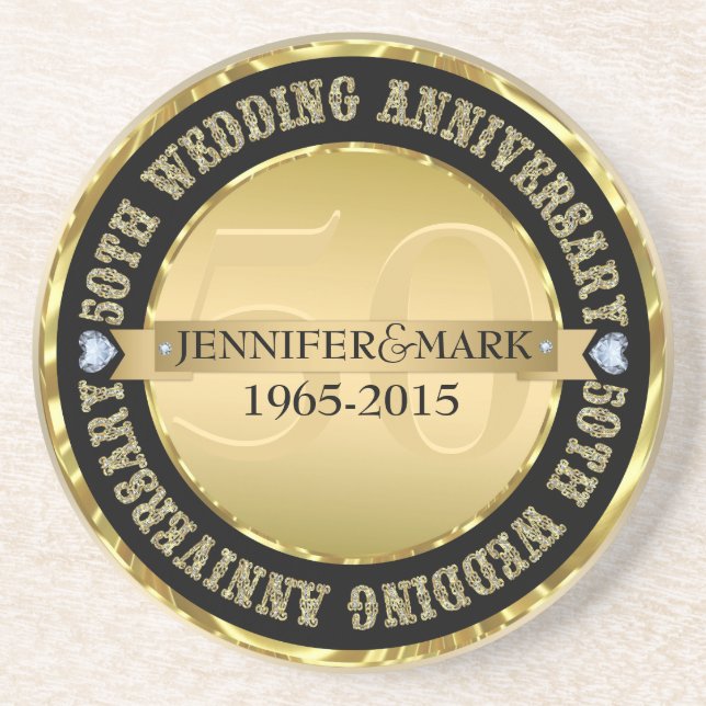 50Th Wedding Anniversary Metallic Gold & Black Coaster (Front)