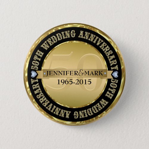 50Th Wedding Anniversary Metallic Gold  Black Pinback Button