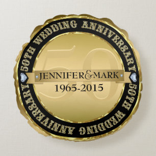 50Th Wedding Anniversary Metallic Gold & Black Round Pillow