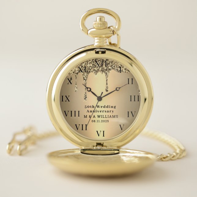 50th Wedding Anniversary Modern Elegant Fiftieth  Pocket Watch (Inside)