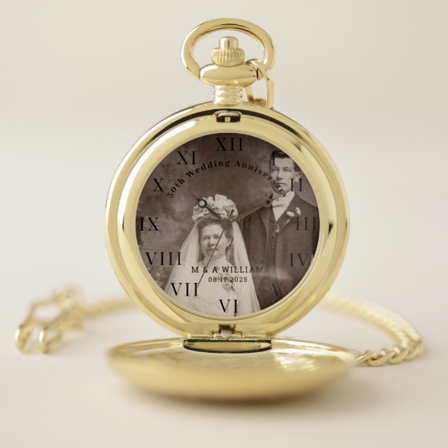 50th Wedding Anniversary Modern Elegant Photo  Pocket Watch (Inside)