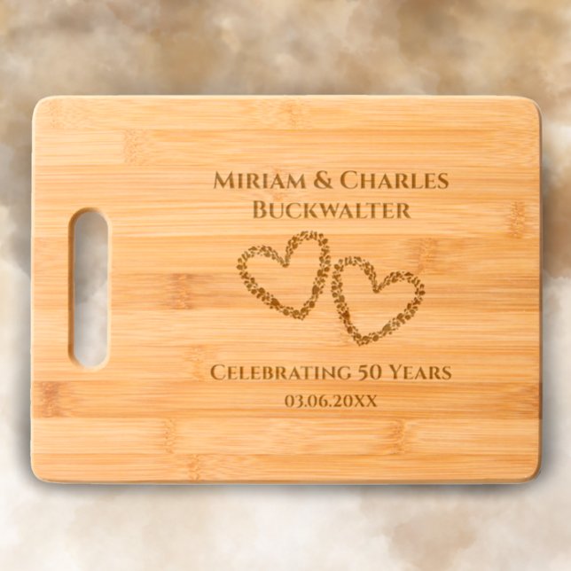 50th Wedding Anniversary Modern Personalized Heart Engraved Cutting Board (Add couple’s names and 50th anniversary date for a stylish etched wood cutting board keepsake gift.)
