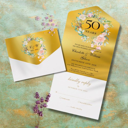 50th Wedding Anniversary Monogram Floral Gold All In One Invitation