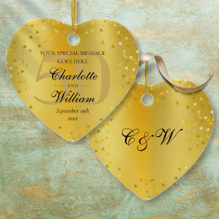 50th Wedding Anniversary Monogram Gold Hearts  Ceramic Ornament