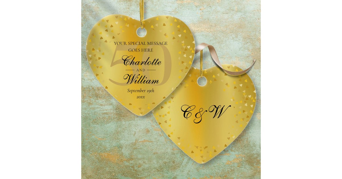 50th Wedding Anniversary Monogram Gold Hearts Ceramic Ornament | Zazzle