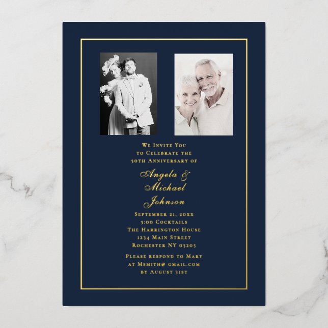 50th Wedding Anniversary Navy Gold Border   Foil Invitation (Front)