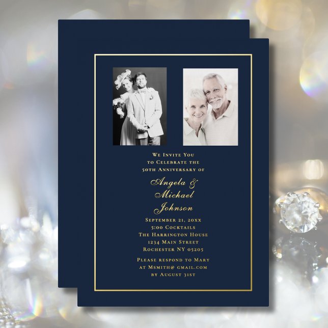 50th Wedding Anniversary Navy Gold Border   Foil Invitation (Creator Uploaded)