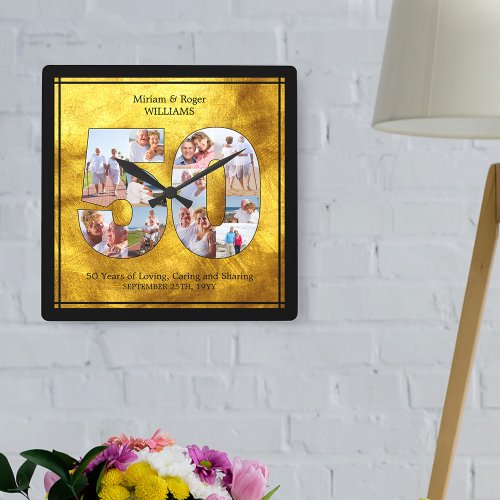 50th Wedding Anniversary Number 50 Photo Collage Square Wall Clock