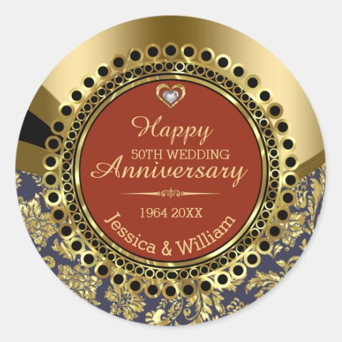 50th Wedding Anniversary Ornament Red  Gold Classic Round Sticker