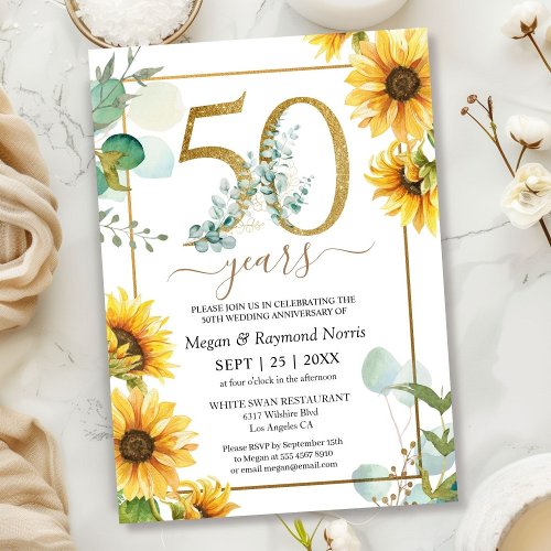 50th Wedding Anniversary Party Elegant Sunflowers  Invitation