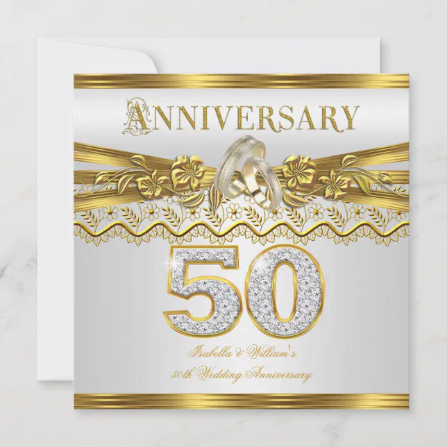 50th Wedding Anniversary Party Gold Rings White Invitation | Zazzle