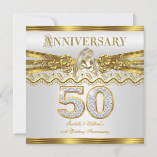 50th Wedding Anniversary Party Gold Rings White Invitation