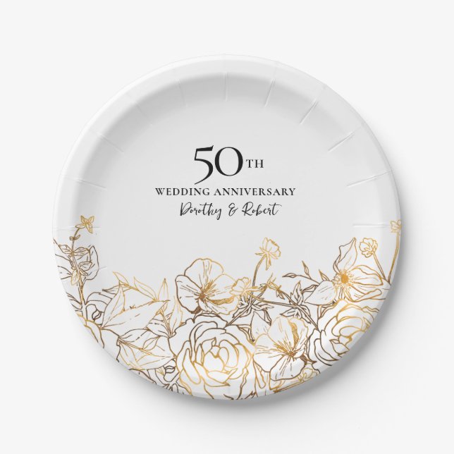 50th Wedding Anniversary Party Gold White Floral Paper Plates (Front)