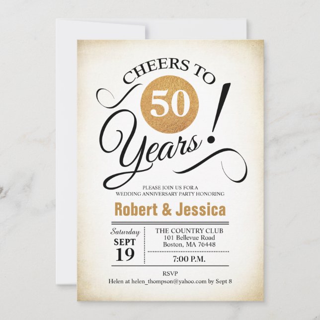 50th Wedding Anniversary Party - Gold White Invita Invitation (Front)