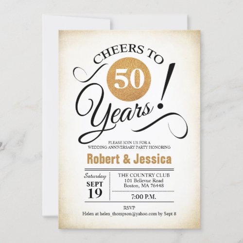 50th Wedding Anniversary Party _ Gold White Invita Invitation