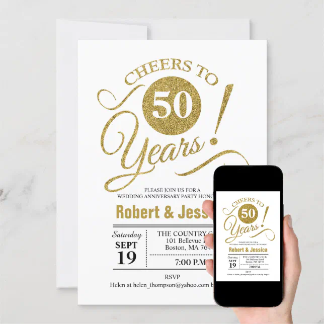 50th Wedding Anniversary Party - Gold White Invitation | Zazzle