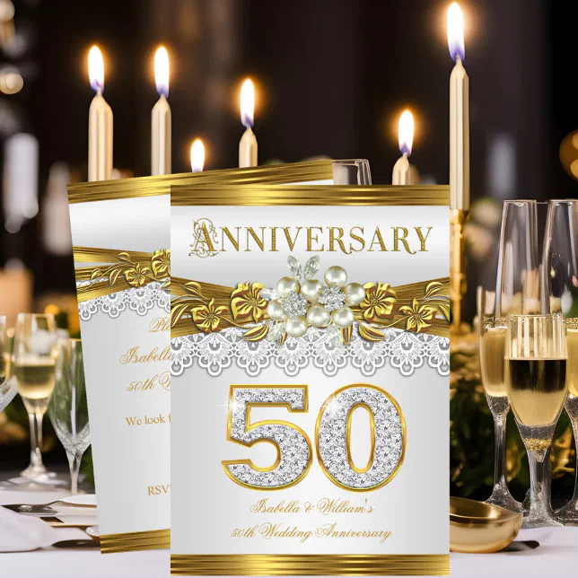 50th Wedding Anniversary Party Gold White Pearl Invitation | Zazzle