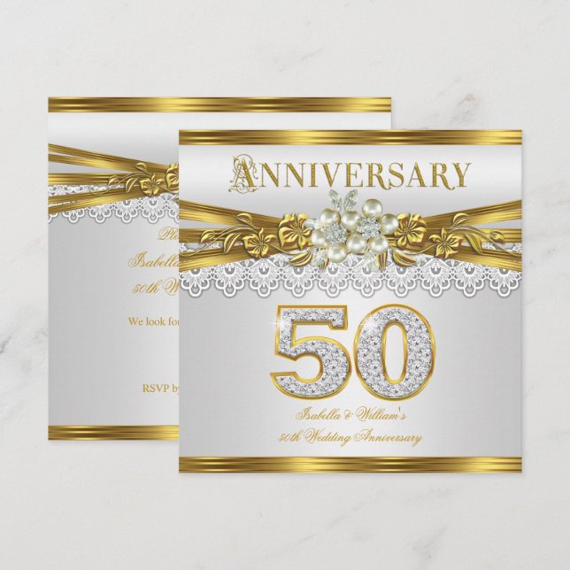 50th Wedding Anniversary Party Gold White Pearl Invitation (Front/Back)