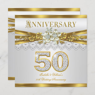 50th Wedding Anniversary Party Gold White Pearl Invitation