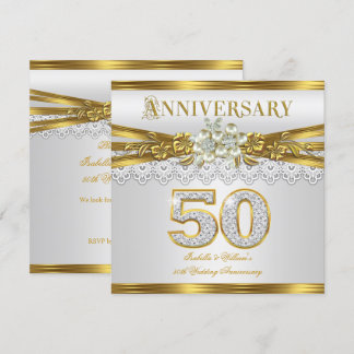 50th Wedding Anniversary Party Gold White Pearl Invitation